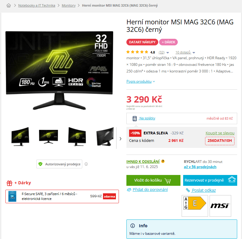FHD PC monitor MSI 31,5", zakřivený, 16:9